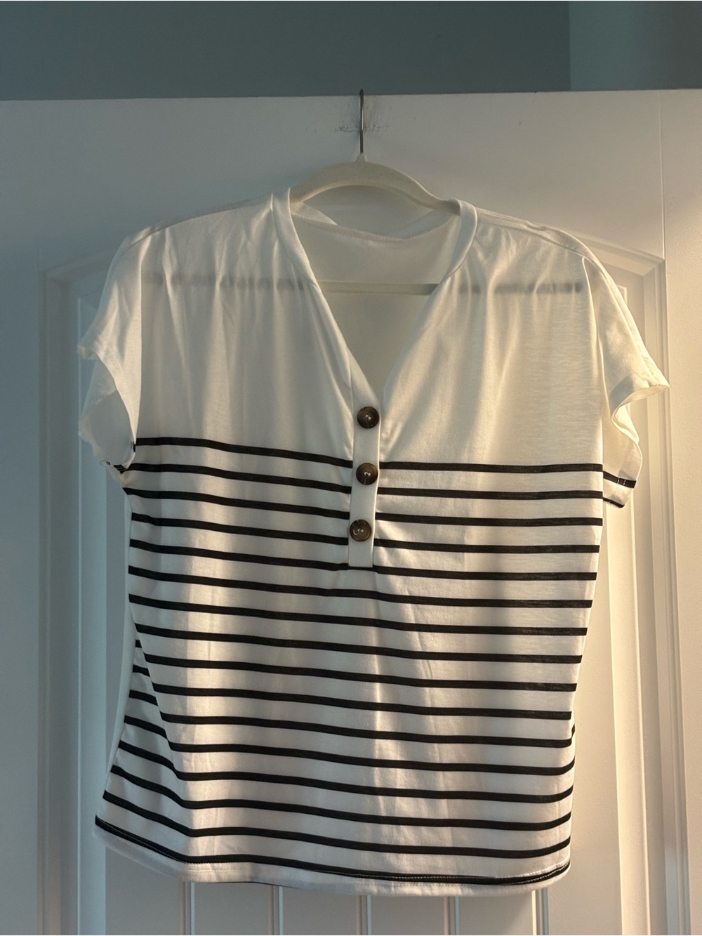 SHEIN White and Black Striped Short Sleeve Button V-Neck Top